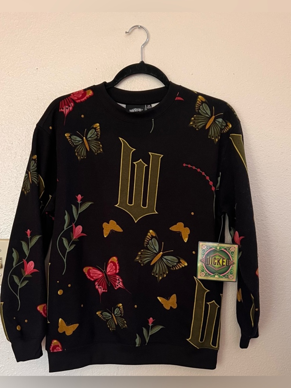 Wicked Butterfly Floral Sweatshirt XS NWT Black Crewneck